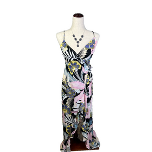 #106 Pink & Black Floral Print Wrap Dress - Dress ONLY